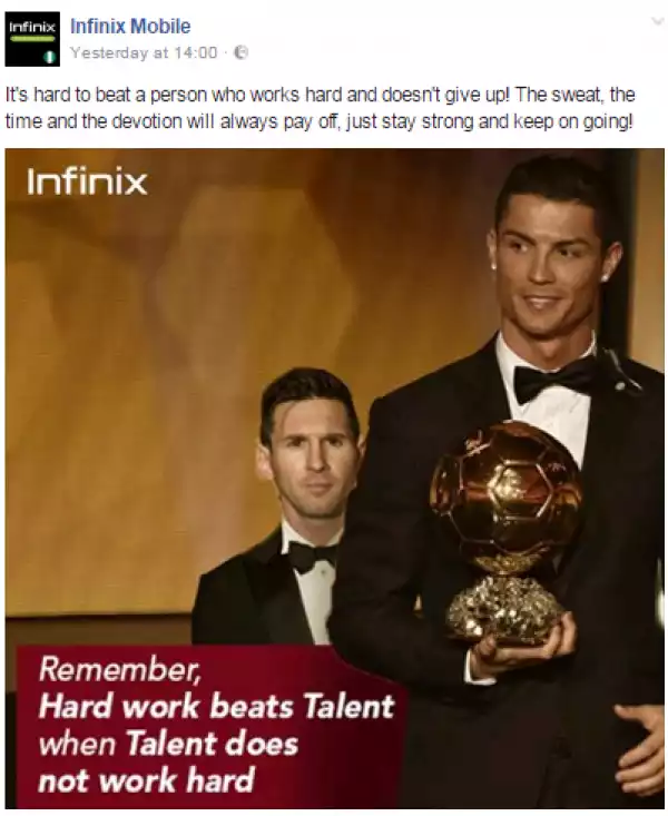 Photo: Did Infinix Mobile shade Lionel Messi with this post?